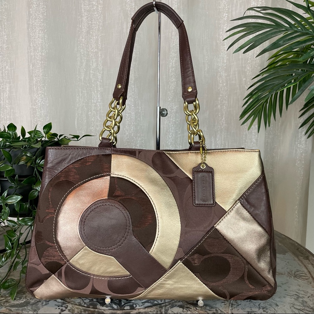 Coach Inlaid Patchwork Leather Chain Tote Bag F20013 Brown/Gold MSRP $468